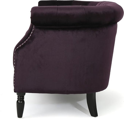 Christopher Knight Home GDFStudio Melaina Tufted Chesterfield Velvet Loveseat with Scrolled Arms, BlackBerry and Dark Brown