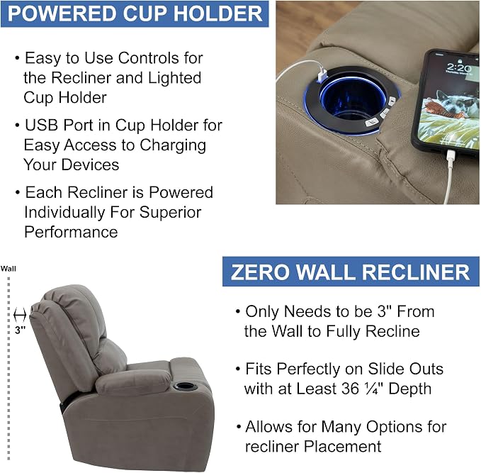 RecPro Charles 67" Powered Double RV Wall Hugger Recliner Sofa RV Loveseat with Upgraded 2023 Fabric (Putty)