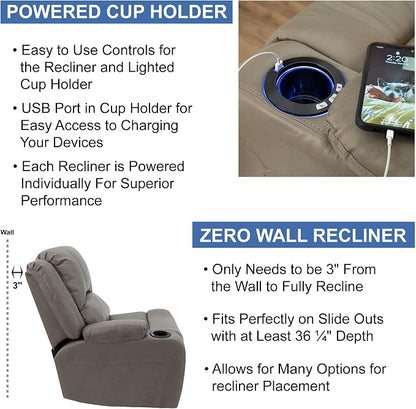 RecPro Charles 67" Powered Double RV Wall Hugger Recliner Sofa RV Loveseat with Upgraded 2023 Fabric (Putty)