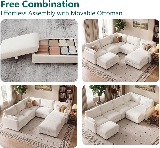 Modular Sectional V Shaped Sofa Couches for Living Room, Cloud Couch with Storage Ottoman, Comfy Chenille Sofa with Pillow, Beige