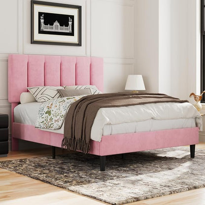 VECELO Full Size Bed Frame with Upholstered Headboard, Heavy-Duty Platform Bedframe with Strong Wooden Slats Support, No Boxing Spring Needed, Velvet & Pink