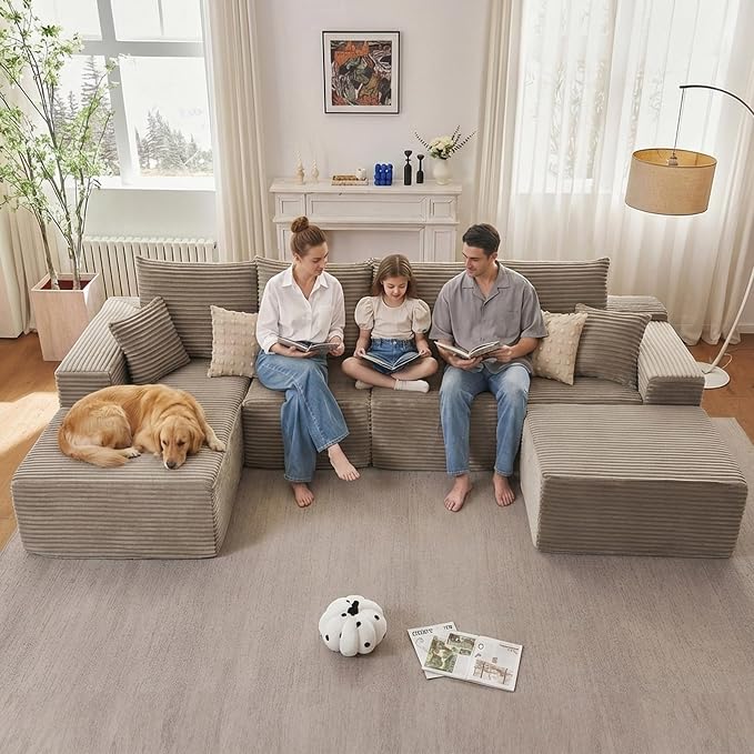 135" Modular Sectional Sofa with U Shaped Chaise, Upholstered Couches for Living Room with Deep Seat, No Assembly Required, Corduroy Cloud Couches, Camel(Left-Facing Chaise
