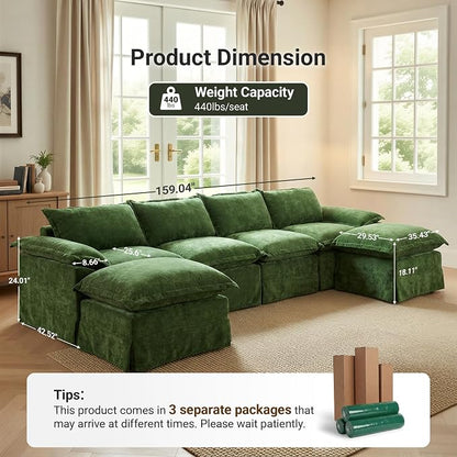 Claiks 157" Modular Boneless Couch, U Shaped Couch for Living Room, Modern Deep Seat Sofa 4 Seater Chenille Fabric Comfy Cloud Couches with Movable Ottoman, Dark Green
