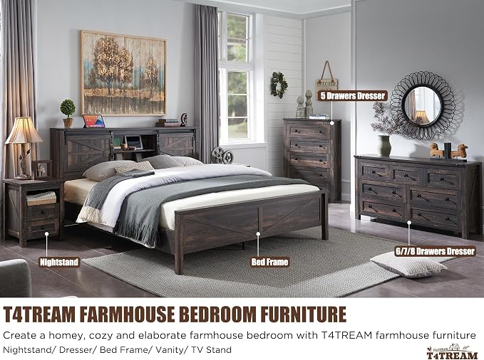T4TREAM 54" Wide Farmhouse 6-Drawer Dresser for Bedroom, Dark Rustic Oak | Rustic, Wood Storage Cabinet, Metal Handle, Unique Corner Accent, Bedroom, Living Room, Hallway