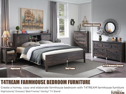 T4TREAM 54" Wide Farmhouse 6-Drawer Dresser for Bedroom, Dark Rustic Oak | Rustic, Wood Storage Cabinet, Metal Handle, Unique Corner Accent, Bedroom, Living Room, Hallway