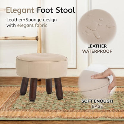 oakvivo 13in Small Foot Stool Ottoman, Round Faux Leather Foot Rest for Couch, Under Desk Pouf Footstool Footrest with Non-Skid Rubber Legs for Ling Room, Bedroom, 13''L x 13''W x 10.2''H, Beige