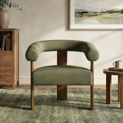VKNOW Accent Chair, Vanity Chair with Armrests and Walnut Legs, Green | Mohair-type Fabric, Barrel Back, Armrests, For Adults and Family, Living Room, Bedroom, Vanity, No Wobble, Easy Assembly