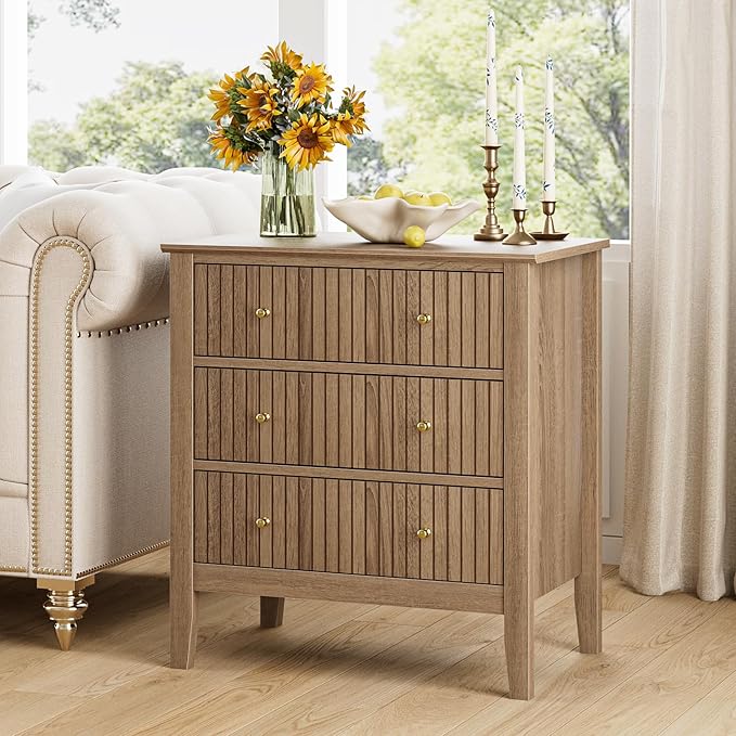 Night Stand, Fluted 3 Drawer Wide Farmhouse Nightstand with Gold Handle, Modern Wooden Bedside End Table for Bedroom, Living Room, Natural