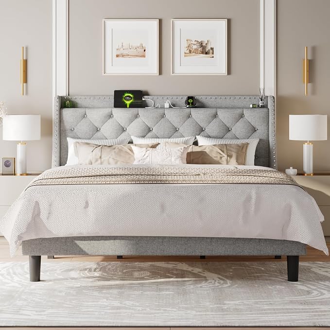 Feonase King Size Bed Frame with Luxury Wingback and Fast Charging Station, Upholstered Button Tufted Storage Headboard, King Platform Bed, Heavy Duty Wooden Slats Support, Easy Assembly, Light Gray
