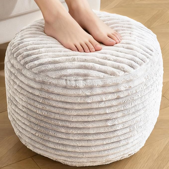 Round Ottoman,Corduroy Pouf Ottoman Foot Rest,Beige,20x15 IN | Storage Footstool for Living Room,20x15 Soft Floor Poufs,Memory Foam Filling,Footrest only