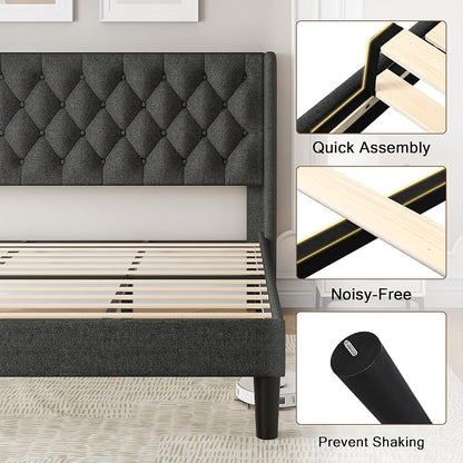Einhomn King Size Platform Bed Frame with Upholstered Wingback Headboard, 12" Under Bed Space, Wooden & Metal Slats Support, No Box Spring Needed, Black