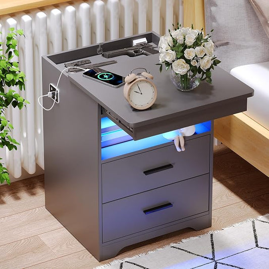 LED Night Stand with Gun Drawer, Bedside Table with Charger Station & Human Sensor Light, Modern End Table with Drawers for Bedroom Office, Grey