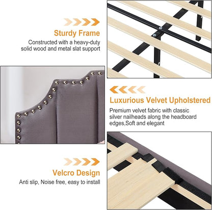 VECELO Full Velvet Upholstered Platform Bed Frame with 4 Rollers Storage Drawers,Full Size Bed with Tufted Height Adjustable Headboard,Wooden Slats/No Box Spring Needed/Easy Assembly