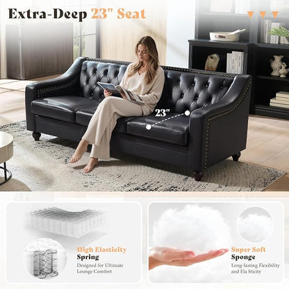 AMERLIFE 80" Leather Sofa, Modern Chesterfield Genuine Leather Sofa, Tufted 3 Seater Black Leather Couch with Curved Arms, Leather Couches for Living Room