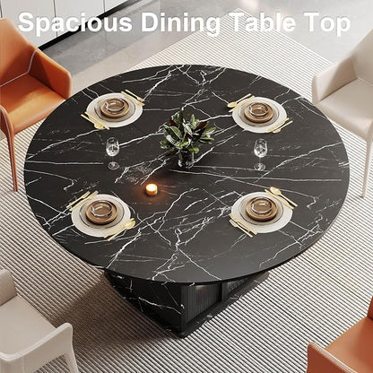 IBF Round Dining Table with Storage, Black Faux Marble Kitchen Tables for 4-6 People, 47" Modern Dining Room Tables with Fridge Space, Wood Circle Dinner Table for Home, Black Marble, Only Table