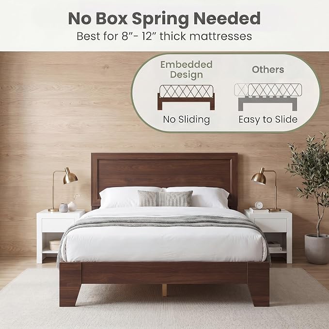 Giantex Full Size Wooden Bed Frame with Headboard, Wood Slat Support | Modern Platform Bed with Heavy Duty Mattress Foundation, Under-Bed Storage, No Box Spring Needed, Easy Assembly (Walnut)