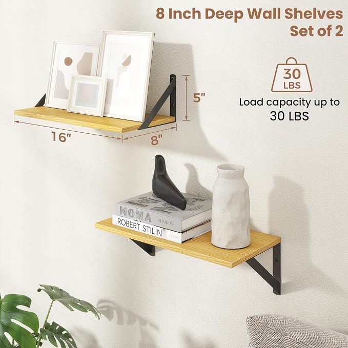 Axeman Oak Floating Shelves for Wall Set of 2, 16'' x 8'' Oak Bookshelf for Living Room Bedroom, Engineered Wood, Holds up to 30 Lbs, Installation Hardware Included