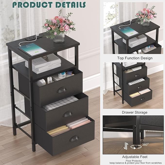 sthmec Nightstand with Charging Station,LED Black Nightstand with 3 Fabric Drawers PU Finish, Bedside End Tables, 2-Tier Open Storage Shelf Side Table Nightstand with Drawers for Bedroom,Black
