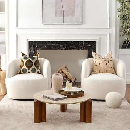KINWELL 34" Wide Sherpa Swivel Barrel Chairs Set of 2, No Assembly Round Boucle Upholstered Accent Chairs Armchairs Single Sofa Chair with Toss Pillow for Living Room and Bedroom, Beige