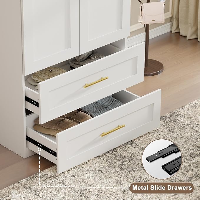 Armoire Wardrobe Closet with Drawers: 75" White Wardrobe Closet with 2 Doors and 2 Drawers, Wood Armoire Closets Cabinet for Hanging Clothes, Bedroom Armoires with Hanging Rod (31.5")