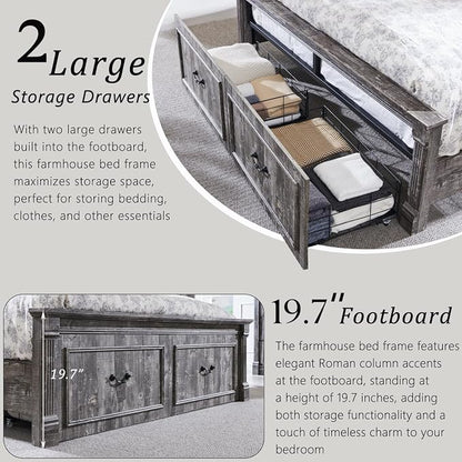 Aitjunz Farmhouse Queen Size Bed Frame with 51" Tall Headboard, Wood Platform Bed Frame with 20" Tall Roman Column Decoration Footboard & 2 Large Storage Drawers, No Box Spring Needed (Light Grey)