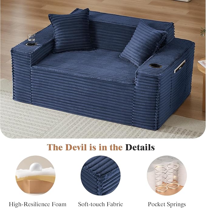 2 Pcs Living Room Cloud Sofa Set, Boneless Sofa Couches with Cup Holder and Side Pocket for Compact Living Rooms, Apartments (Blue, Single Chair + Loveseat)