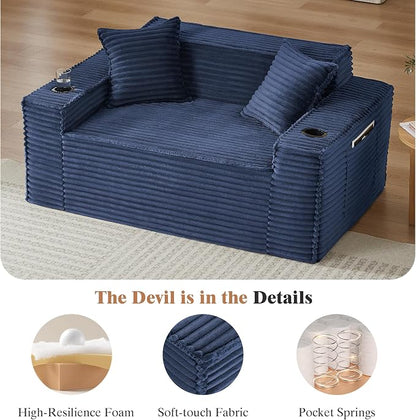 2 Pcs Living Room Cloud Sofa Set, Boneless Sofa Couches with Cup Holder and Side Pocket for Compact Living Rooms, Apartments (Blue, Single Chair + Loveseat)