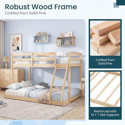 KOMFOTT Low Bunk Bed Twin Over Full, Solid Wood Twin Bed Frame with Built-in Ladder & Safety Guardrails, Space-Saving Low Bunk Bed for Kids, Teens, No Box Spring Needed (Low Twin Over Full,Natural)
