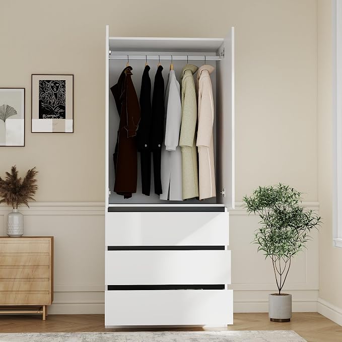 Vrmuxita White Armoire Wardrobe Closet: 75" Large Wardrobe Closet with 6 Doors, Modern Bedroom Armoires with 9 Drawers, Tall Wood Closets for Hanging Clothes