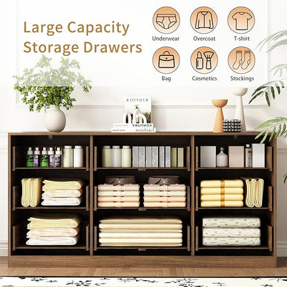 9 Drawer Dresser and Nightstand Sets for Bedroom, 3 Pcs Bedroom Set，Night Stand Set of 2 & 9 Drawer Dresser with Gold Handles, Modern Wood Chest of Drawers Storage Cabinet Set, Natural