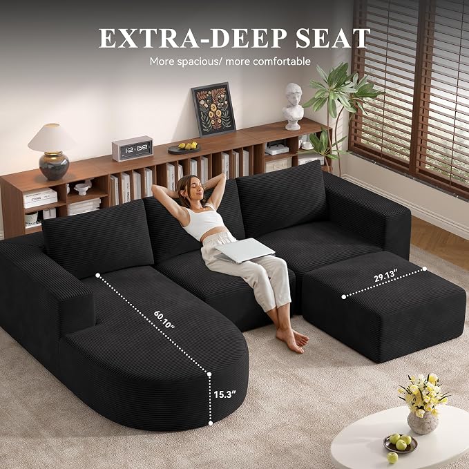 Boneless Couches for Living Room with Chaise,104" Modular Sectional Sofa with Convertible Ottoman,Cozy Cloud Couch with U-Shaped,Sponge Compression Sofas in a Box,No Assembly Required(Black) 1pcs