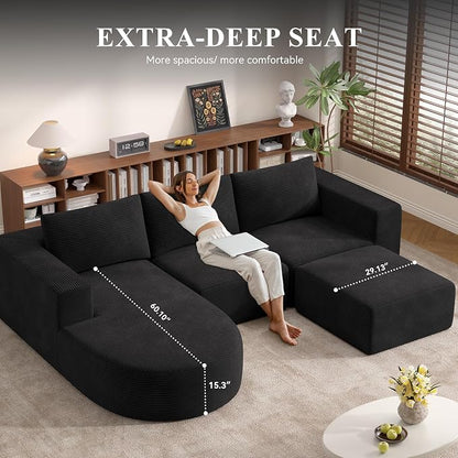 Boneless Couches for Living Room with Chaise,104" Modular Sectional Sofa with Convertible Ottoman,Cozy Cloud Couch with U-Shaped,Sponge Compression Sofas in a Box,No Assembly Required(Black) 1pcs