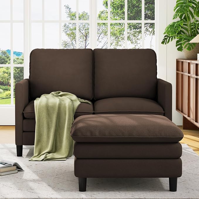Welzona 3-Layers Cloud L Shaped Couch, 51" Loveseat Sofa Living Room, Bedroom - Tool-Free Assembly with Teddy Fabric Small L Shape Sofa - Brown - Removable Washable Covers - 650lbs Capacity