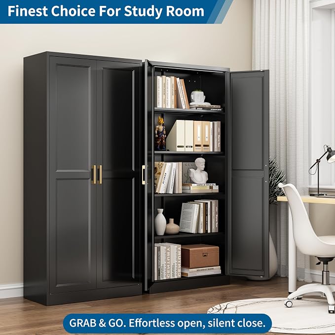 71" Metal Storage Cabinet with 4 Adjustable Shelves, Black Tall Pantry Cabinet with Doors, 180 lbs Load Per Shelf, Heavy Duty Steel Organizer for Garage, Kitchen & Home