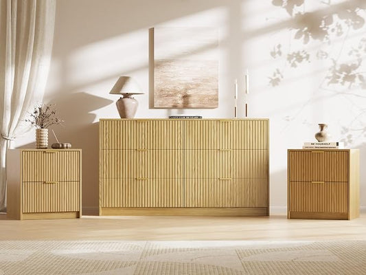 MAISONARIA 3-Piece Dresser Bedroom Set, 6 Drawer Dresser & 2 Drawer Nightstands with Gold Handles, Fluted Wood Chest of Drawers for Bedroom, Living Room, Entryway, Nature