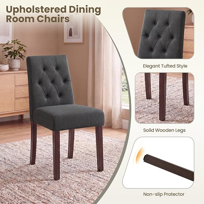 Upholstered Dining Chairs Set of 6, Modern Fabric Dining Chairs with Tufted Design, Kitchen Side Chairs, Farmhouse Dinner Chair with Wood Legs for Kitchen Restaurant Living Room, Gray