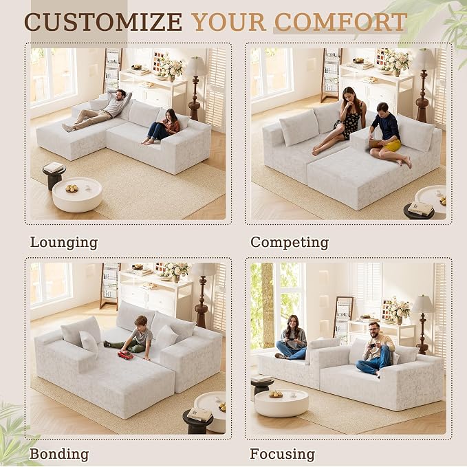 YESHOMY Boneless Couches for Living Room, 108" Sectional Modular Sectional Sofa with Deep Seat, Cloud Comfy Couch with L-Shape Chaise, Easy Assembly (Chenille, Pearl Cream)