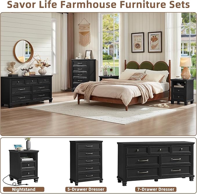 SAVOR LIFE Farmhouse Chest of Drawers for Bedroom, 45” Tall Dresser for Closet, Rustic Wood Dressers for Bedroom, Hallway, Entryway, Black