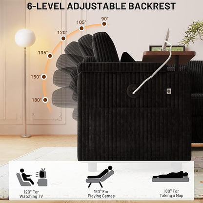 L-Shaped Sectional Sleeper Sofa with Pull Out Bed, Black | Plush Corduroy, Reclining Backrest, Storage Chaise, Usb Ports, Cup Holders & Table – Modular Cloud Couch for Living Room