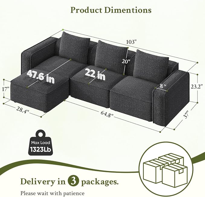 Welzona 103" Sectional Couch, Locked-in Modular Sectional Sofa, Wood Frame Couches for Living Room, 22" Deep Seat L Shaped Couch with Ottoman Chenille Cloud Sofa Tool-Free Setup Sofas for Living Room