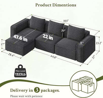 Welzona 103" Sectional Couch, Locked-in Modular Sectional Sofa, Wood Frame Couches for Living Room, 22" Deep Seat L Shaped Couch with Ottoman Chenille Cloud Sofa Tool-Free Setup Sofas for Living Room