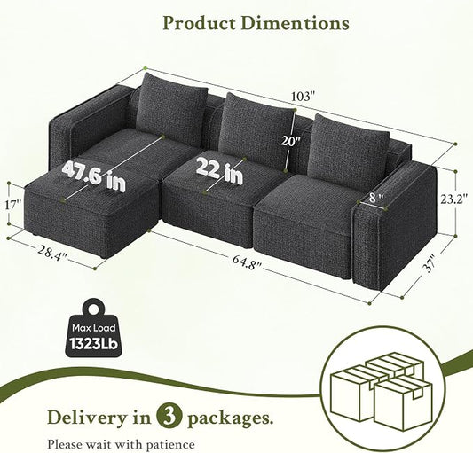 Welzona 103" Sectional Couch, Locked-in Modular Sectional Sofa, Wood Frame Couches for Living Room, 22" Deep Seat L Shaped Couch with Ottoman Chenille Cloud Sofa Tool-Free Setup Sofas for Living Room