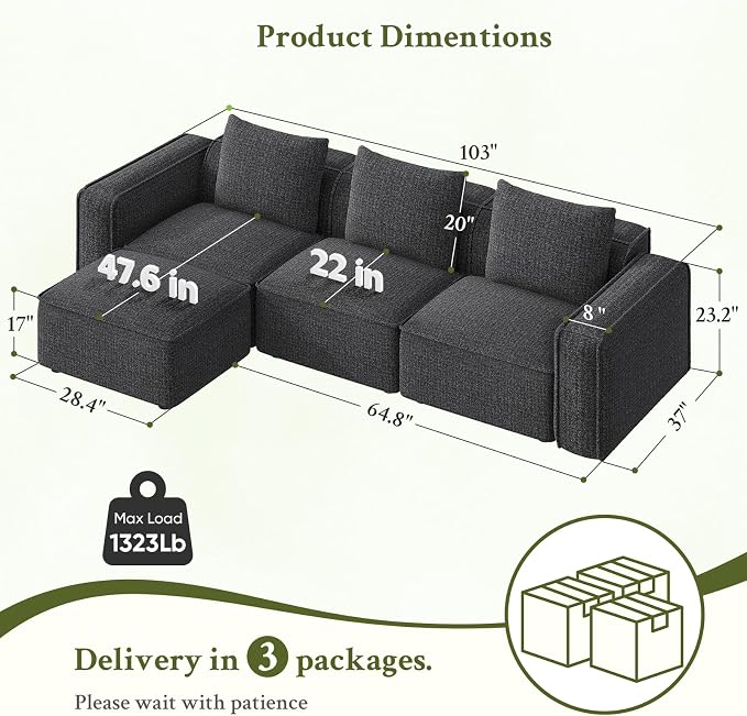 Welzona 103" Modular Sectional Sofa, Minimalist Comfy Cloud Couch Sectional, Tool-Free Setup Couches for Living Room, Wood Frame l Shaped Couch with Ottoman, 22" Deep Seat Chenille Cloud Sofa