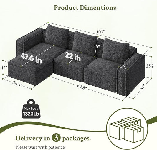 Welzona 103" Modular Sectional Sofa, Minimalist Comfy Cloud Couch Sectional, Tool-Free Setup Couches for Living Room, Wood Frame l Shaped Couch with Ottoman, 22" Deep Seat Chenille Cloud Sofa