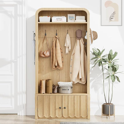 Narrow Hall Tree with Bench and Shoe Storage, Arched Entryway Coat Rack with Adjustable Shoe Cabinet,8 Hooks, Modern Rustic Mudroom Storage Organizer with Scalloped Wave Fluted Doors (Nature Oak)