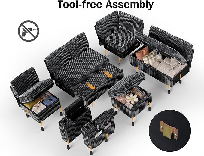 Vipbear 111" Modular Sectional Sleeper Sofa with Pull Out Bed, 7 Seat Corduroy L Shaped Couch with Ottoman|USB Ports|Cup Holders|Side Table|Storage Armrest, Tool Free Assembly, Grey
