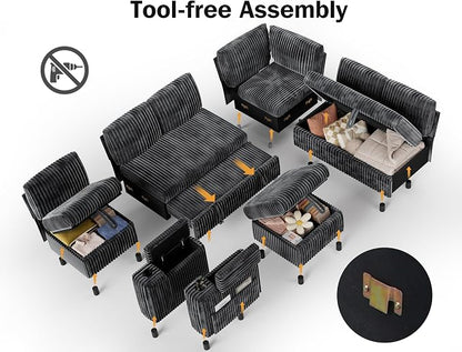 Vipbear 111" Modular Sectional Sleeper Sofa with Pull Out Bed, 7 Seat Corduroy L Shaped Couch with Ottoman|USB Ports|Cup Holders|Side Table|Storage Armrest, Tool Free Assembly, Grey