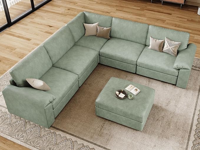 EASE MOOSE Oversized Modular Sectional Couch with Ottoman, Vintage Faux Leather Sectional Sofa with Deep Seat, Scratch Resistant Faux Leather Material, Extra Large L Shaped Couch,Deep Green