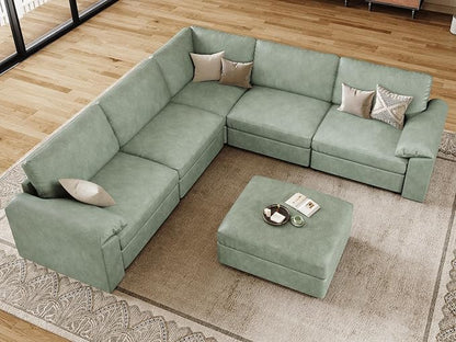 EASE MOOSE Oversized Modular Sectional Couch with Ottoman, Vintage Faux Leather Sectional Sofa with Deep Seat, Scratch Resistant Faux Leather Material, Extra Large L Shaped Couch,Deep Green