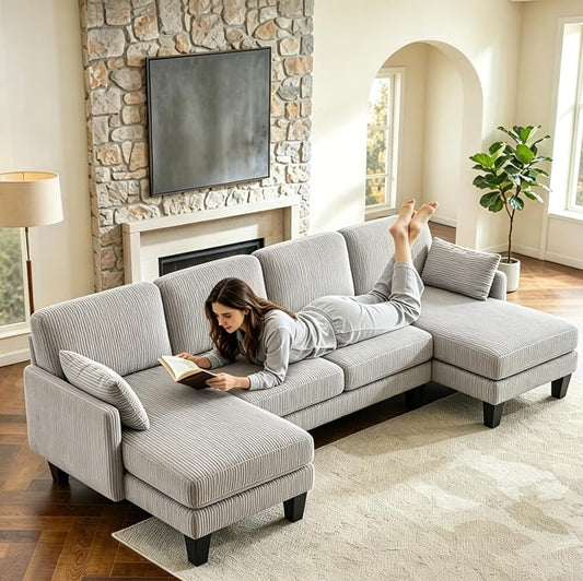 VINGLI 108" W U-Shaped Sectional Couches for Living Room, Sturdy Wooden Armrest Corduroy Cloud Couch with Double Chaise, High Support Modern 4-Seat Sectional Sofa for Apartment, Offices, Light Grey